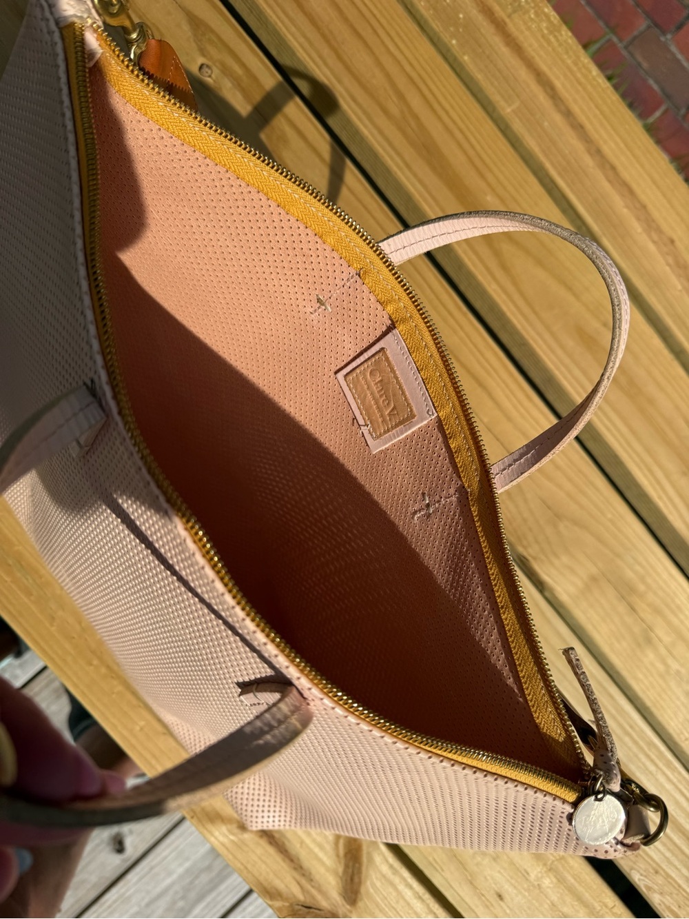 Clare V Blush Pink Perforated Tote with Striped Shoulder Strap - Picture 8 of 14